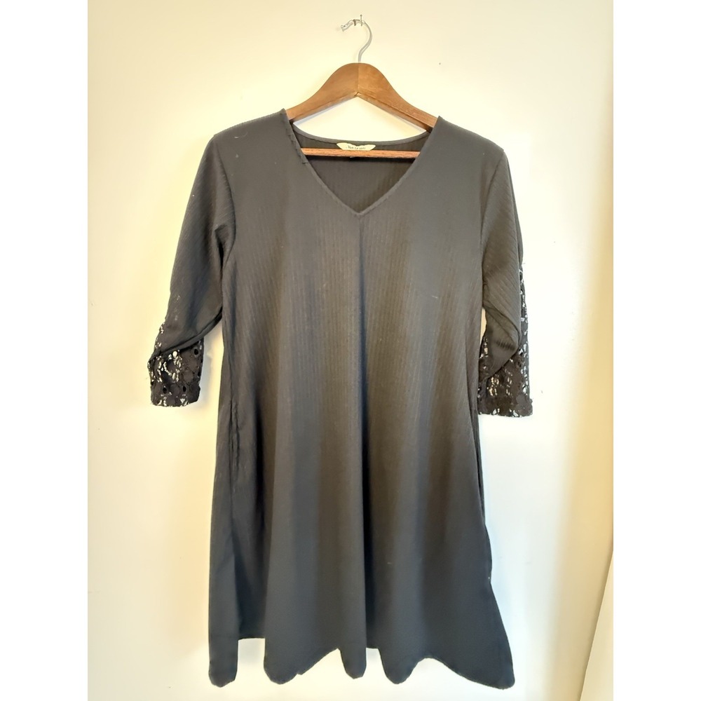 Yak & Yeti Black Tunic Dress Pockets Boho Whimsigoth Witchy Lace Sleeve M